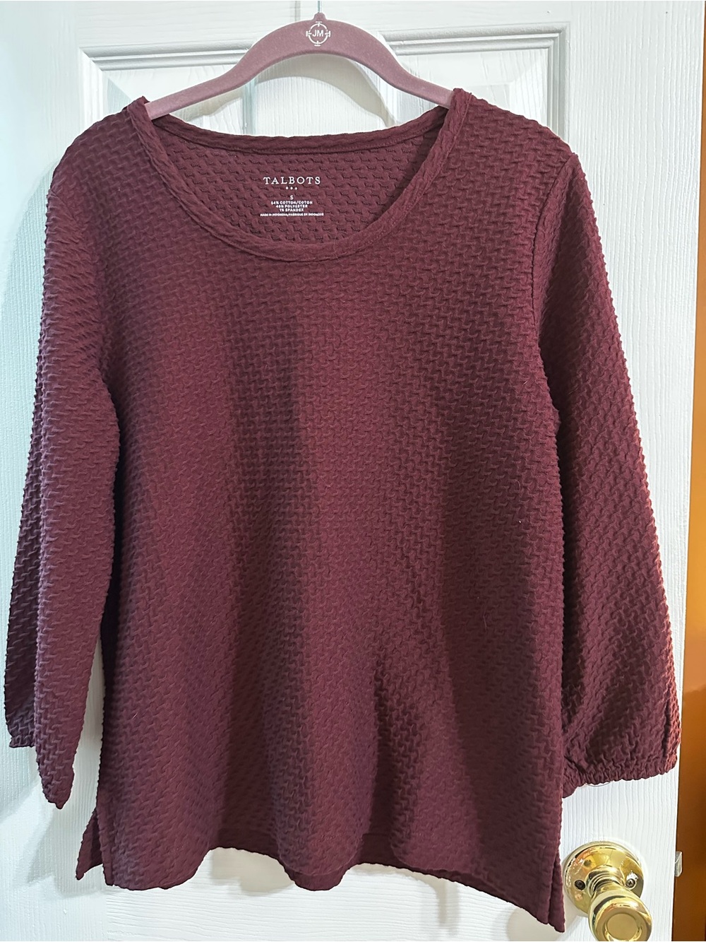 Talbots Long-Sleeve Textured Crewneck Top in Burgundy